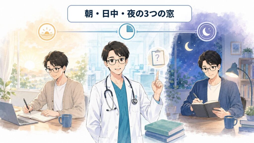 朝・日中・夜の3つの時間帯を使う専門医試験スケジュール